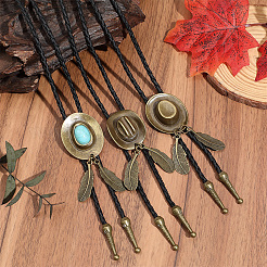 3Pcs 3 Styles Black PU Imitation Leather Alloy Pave Synthetic Turquoise Feather Cowboy Hat Polo Tie Lariat Necklaces for Men&nbsp;NJEW-GF0001-17