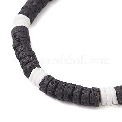 Natural Lava Rock & White Shell Flat Round Beads Stretch Bracelets for Women&nbsp;BJEW-JB12462-02