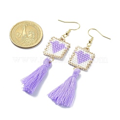 Glass Rectangle with Tassel Dangle Earrings&nbsp;EJEW-MZ00065