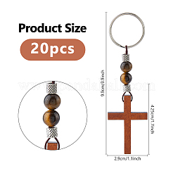 20Pcs Wood Cross with Natural Tiger Eye Bead Keychain&nbsp;KEYC-DC00073