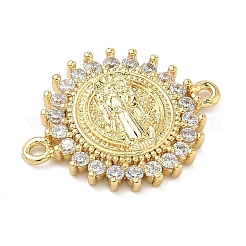 Brass Pave Clear Cubic Zirconia Religion Flat Round with Saint Links Connector Charms&nbsp;KK-A282-07B-G