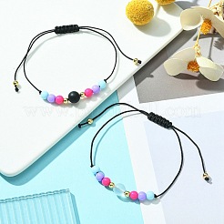 2Pcs 2 Style Natural Black Agate & Synthetic Moonstone & Acrylic Round Braided Bead Bracelets Set&nbsp;BJEW-JB09443