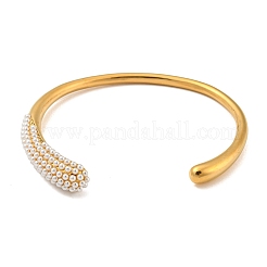 304 Stainless Steel Teardrop Cuff Bangle with Imitation Pearl&nbsp;BJEW-B076-05G-02