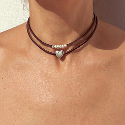 Boho Alloy Heart Pendant Imitation Leather Cord Double Layer Choker Necklaces for Women&nbsp;WG0C262-01