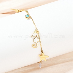304 Stainless Steel Pave Deep Sky Blue Cubic Zirconia Enamel Sea Horse Starfish Conch Charm Anklets for Women&nbsp;AJEW-G069-03G