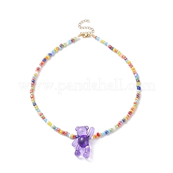 Acrylic Bear & Glass Seed Beaded Necklace for Women&nbsp;NJEW-JN03930