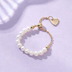 Adjustable Natural Pearl & Brass Silder Finger Rings&nbsp;RJEW-JR00964