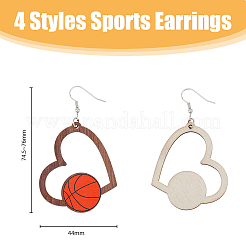 4 Pairs 4 Styles Sport Theme Wood Heart Dangle Earrings for Women&nbsp;EJEW-FI0001-55