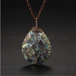Double Sided Natural Paua Shell Copper Wire Wrapped Tree of Life Teardrop Pendant Necklaces&nbsp;FS-WG9357B-01