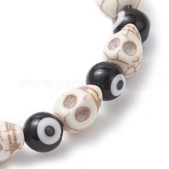 Halloween Dyed Synthetic Turquoise Skull & Lampwork Evil Eye Round Beaded Stretch Bracelets for Women Men&nbsp;BJEW-JB12268-01