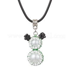 Glass Seed Beads & Glass Pearl Round Beaded Bear Pendant Waxed Cotton Cord Necklaces for Women Men&nbsp;NJEW-MZ00126-04
