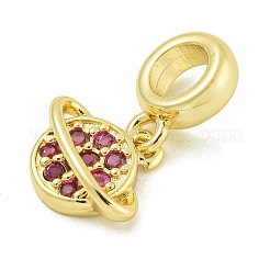 Rack Plating Brass Pave Hot Pink Cubic Zirconia Planet European Dangle Charms&nbsp;KK-Z067-37G
