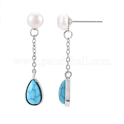 Teardrop Brass Natural Pearl Dangle Stud Earrings&nbsp;PEAR-N020-06S