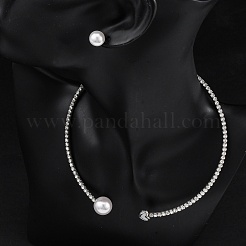Round Plastic Imitation Pearl Stud Earrings & Rhinestone Cuff Choker Necklaces Sets&nbsp;SJEW-U003-11P