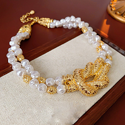 Brass Knot Plastic Imitation Keshi Pearl Nuggets Beaded 2-Strand Choker Necklaces for Women&nbsp;FS-WG8CEF6-01