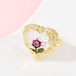 Brass Floral White Enamel Flower Cuff Rings&nbsp;RJEW-C139-18B-G