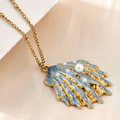 Summer Beach 304 Stainless Steel Light Sky Blue Enamel Pendant Necklaces for Women&nbsp;NJEW-U043-01B-G