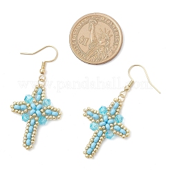 304 Stainless Steel Glass Seeds Cross Dangle Earrings&nbsp;EJEW-MZ00506-06