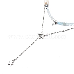 2Pcs 2 Style 304 Stainless Steel Shell & Star Charms Lariat Necklaces Set with Natural Pearl&nbsp;NJEW-JN03978