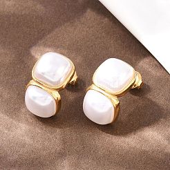 304 Stainless Steel & ABS Imitation Pearl Square Stud Earrings&nbsp;EJEW-Z155-02G