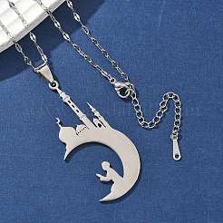 201 Stainless Steel Hollow Moon with Castle and Prayer Pendant Necklaces for Ramadan & Eid Mubarak&nbsp;NJEW-D318-05P