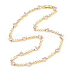 Brass Pave Pink Cubic Zirconia Heart Link Chain Necklaces&nbsp;KK-CBA4547-16A-G