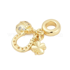 Brass Micro Pave Clear Cubic Zirconia Ladybirds & Horseshoe & Clover European Dangle Charms&nbsp;KK-G522-28G