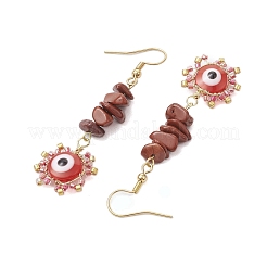 Evil Eye Natural Red Jasper Chip & Seed Beads Dangle Earrings&nbsp;EJEW-MZ00166-03