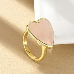 Heart Brass Natural Rose Quartz Finger Rings&nbsp;X-RJEW-D304-01G-B