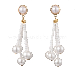 Round Shell Pearl & Glass Seed Beads Dangle Stud Earrings&nbsp;EJEW-TA00768