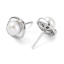 Anti-Tarnish Cubic Zirconia Sauqre with Natural Pearl Stud Earrings&nbsp;EJEW-F318-12P