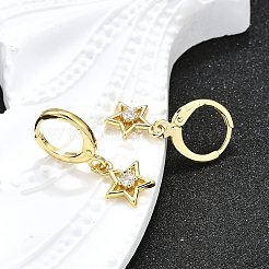Star Brass Micro Pave Clear Cubic Zirconia Hoop Earrings&nbsp;EJEW-H157-04G