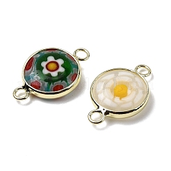 Handmade Millefiori Lampwork Flat Round Connector Charms&nbsp;LAMP-D002-02B-G