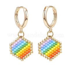 Rainbow Color Japanese Seed Braided Hexagon Dangle Hoop Earrings&nbsp;EJEW-MZ00005