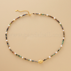 Natural Indian Agate Faceted Round & Natural Pearl Beaded 925 Sterling Silver Oval Pendants Necklaces&nbsp;RJ3624
