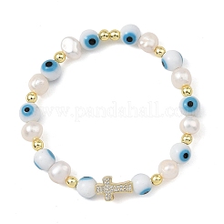 Evil Eye Lampwork and Natural Cultured Freshwater Pearl Beaded Stretch Bracelets&nbsp;BJEW-JB14283-01