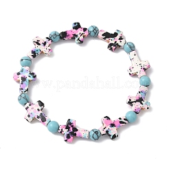 Baking Paint Synthetic Turquoise Cross & Round Beads Stretch Bracelets for Men Women&nbsp;BJEW-JB12341-03