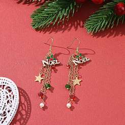 Word Noel Alloy Enamel & Glass Beads Dangle Earrings&nbsp;EJEW-TA00229