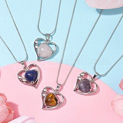 Heart Shaped & Hollow Out Natural Gemstone Pendant Necklaces&nbsp;NJEW-JN04594