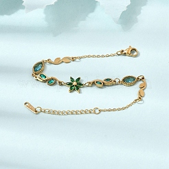 304 Stainless Steel Rhinestone and Glass Flower Leaf Link Chain Bracelets&nbsp;SA-CBAF6AD-07G