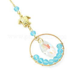 Ocean Theme Glass Round Beads & Teardrop Suncatcher with Brass Charm&nbsp;HJEW-JM04939-02
