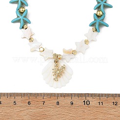 Summer Beach Carved Natural Freshwater Shell and Alloy Shrimp Pendant Starfish Dyed Synthetic Turquoise & Glass Beaded Necklaces for Women&nbsp;NJEW-JN06506-01