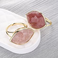 Horse Eye Natural Strawberry Quartz Cuff Rings&nbsp;RJEW-M076-04G-04