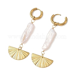 Fan Natural Baroque Pearl & 304 Stainless Steel & 202 Stainless Steel Dangle Earrings&nbsp;EJEW-JE07455