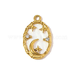 304 Stainless Steel Resin Pendants, Oval with Star Moon Charms, with Rhinestone, Ion Plating(IP), Mirror Polished Finish, Real 18K Gold Plated, 23x14mm, Hole: 1.5mm