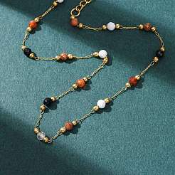 Natural Agate & Howlite & Synthetic Goldstone Faceted Round Bead 304 Stainless Steel Cable Chain Anklets for Women&nbsp;AJEW-G072-01G