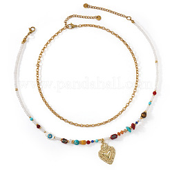 Handmade Natural Mixed Stone Beaded Double Layer Necklaces with Stainless Steel Sacred Heart Pendant for Women Daily Wear&nbsp;OB9788-1