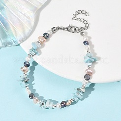 Natural Larimar Chip Beads & Cultured Freshwater Pearl Beaded Bracelets for Women&nbsp;BJEW-JB14215