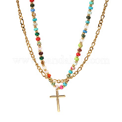 Stainless Steel Religion Cross Pendant Colorful Natural Mixed Gemstone Heishi Beaded Double Layer Necklaces for Women&nbsp;OM0198-1
