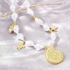 Ocean Brass Conch Shell Dolphin Turtle Pendant White ABS Plastic Imitation Keshi Pearl Beaded Necklaces&nbsp;KK-CBA4547-02G